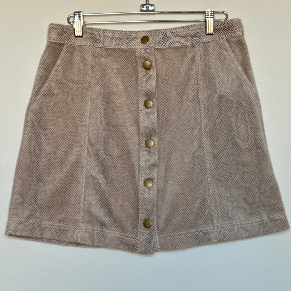 Hem &‎ Thread Snakeskin Print Button Front Mini Skirt Tan Beige S3200 Womens M